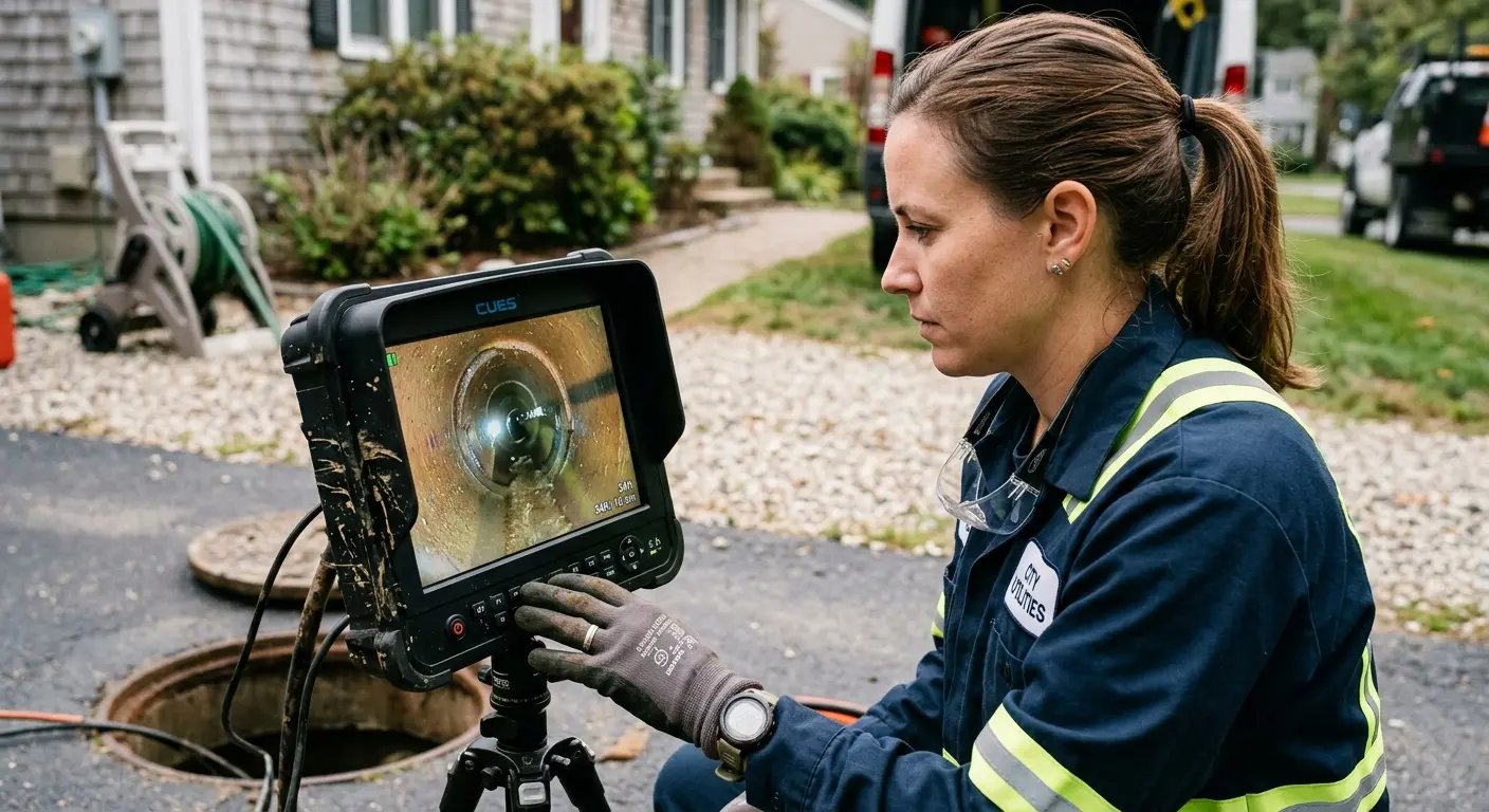 Technician reviewing sewer camera inspection footage in North Highlands