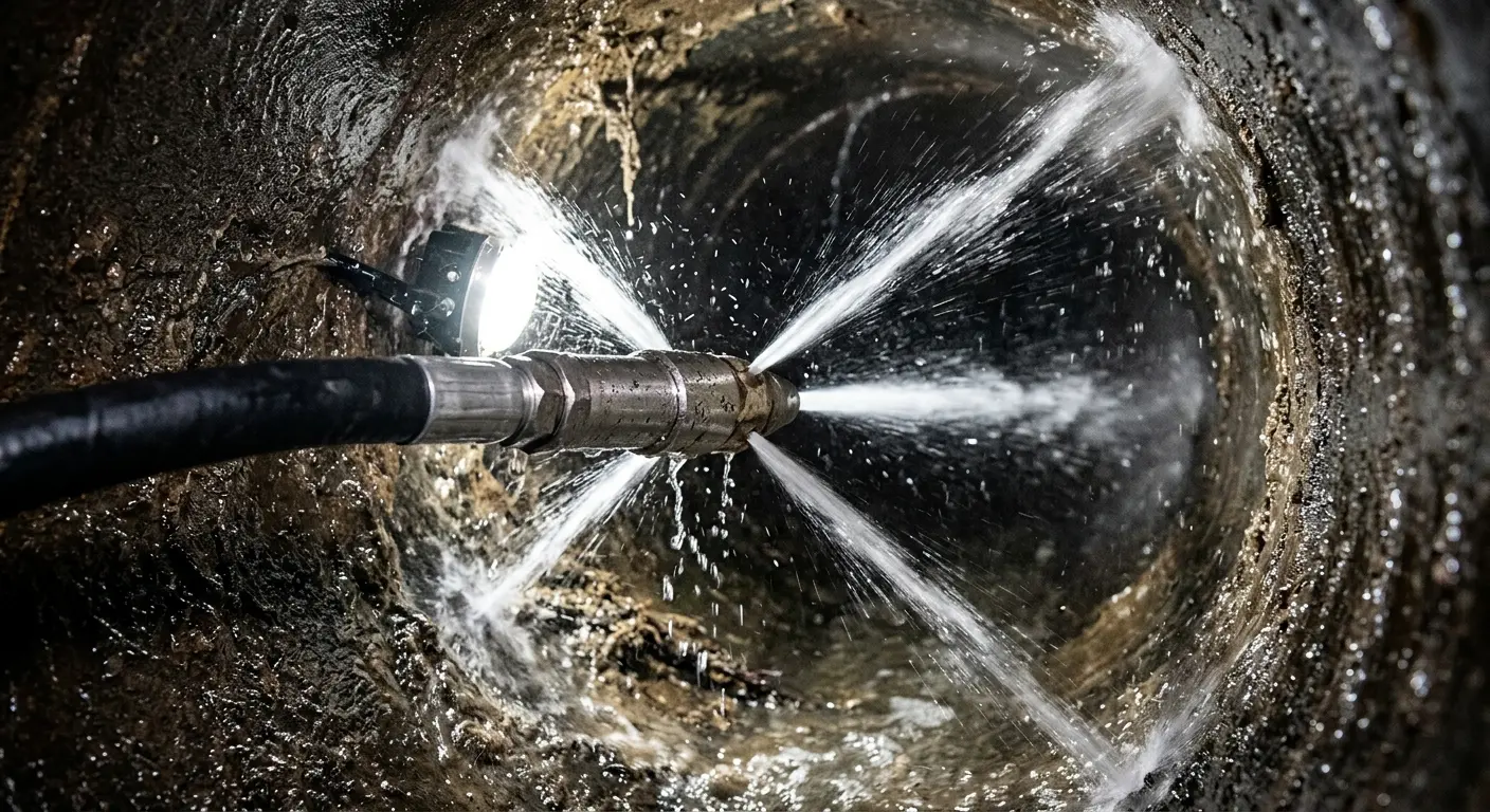 High-pressure hydro jetting nozzle cleaning sewer pipe for Sewer Cleanout in North Highlands