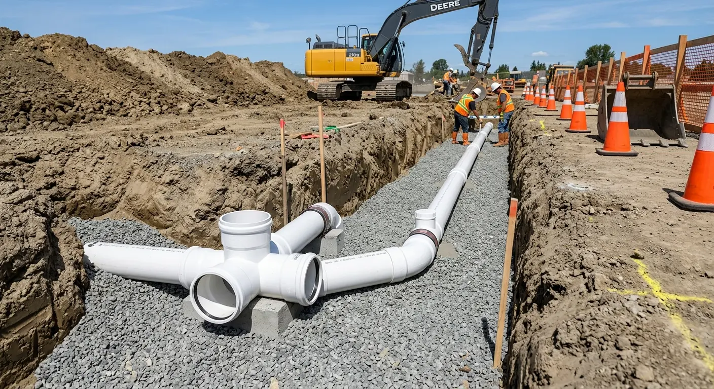 New PVC sewer pipe installation in open trench for Sewer Backup in North Highlands