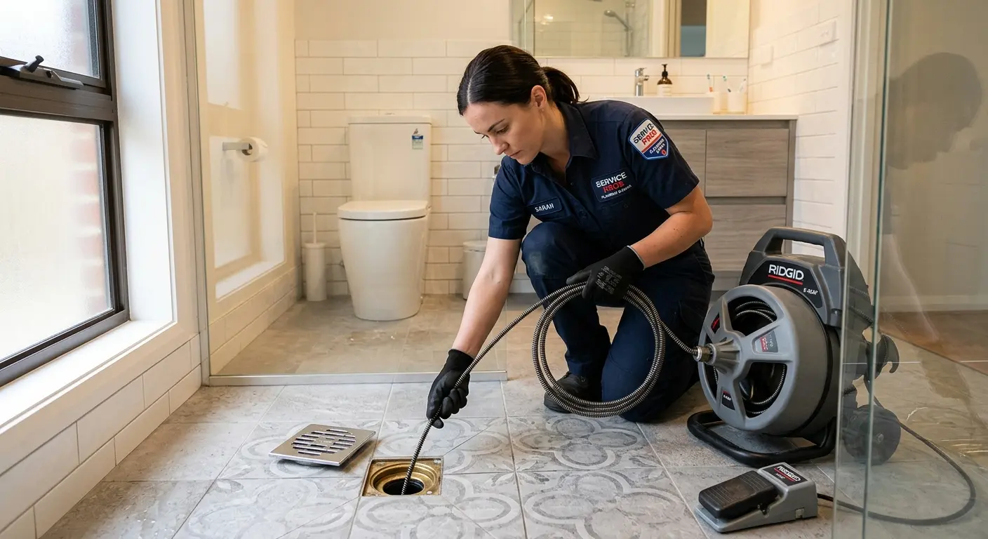 Technician clearing a bathroom floor drain for Sewer Line Replacement in North Highlands